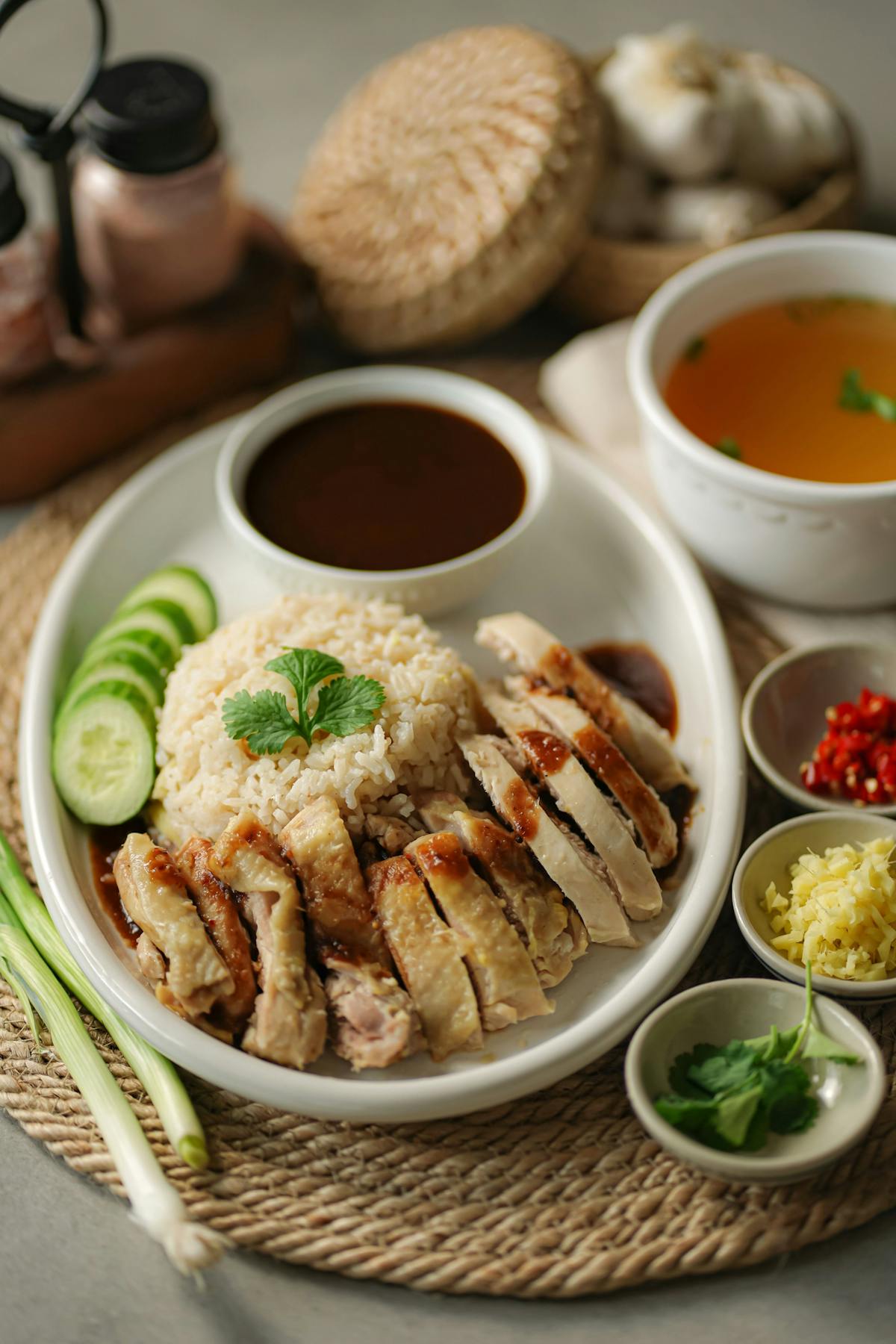 Plated Hainanese chicken rice with chilli sauce on the side